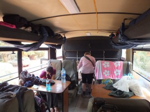 Inside of the bus. Note the lockers at the back where we squashed our bags. 